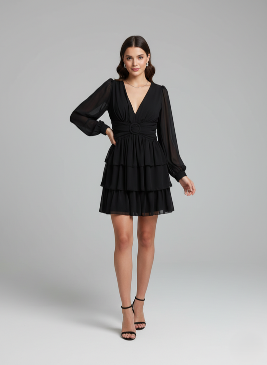 Dieses Mini-Kleid mit tiefem V-Ausschnitt und transparenten Ballonärmeln bietet moderne Eleganz. E402