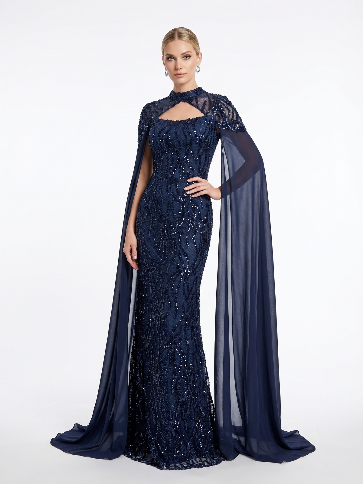 Pailletten-Abendkleid mit Chiffon-Cape e392