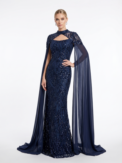 Pailletten-Abendkleid mit Chiffon-Cape e392