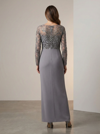 Langes AbeLanges Abendkleid aus Chiffon mit Stickerei und langen Ärmelnndkleid aus Chiffon E346 mit Stickerei und langen Ärmeln