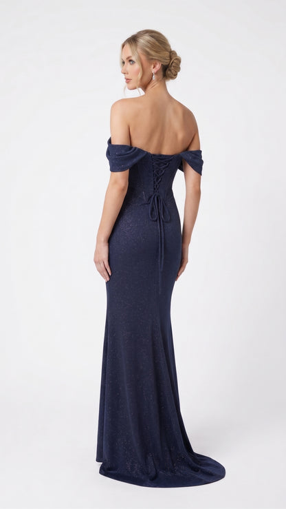 Schulterfreies Korsett-Abendkleid mit Drapierung in Roségold Beschreibung: e408