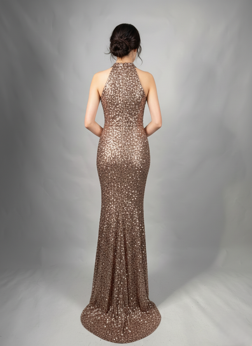 Langes Pailletten-Abendkleid mit Schlitz&nbsp; E343