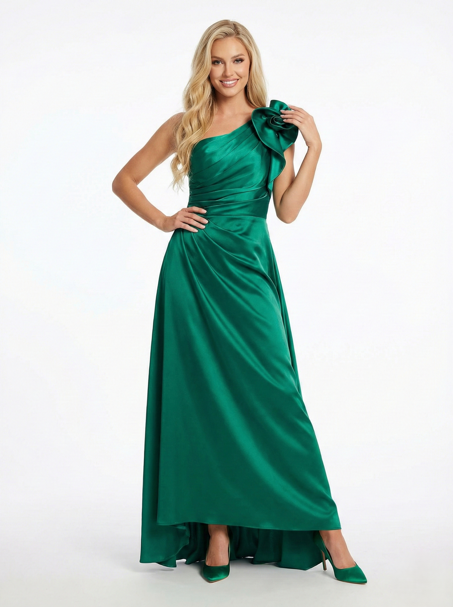 Satin-Abendkleid mit One-Shoulder-Design und Volantdetail – Marineblau E345