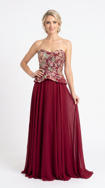 Trägerloses Abendkleid mit floralem Schößchen-Oberteil in Zartrosa Beschreibung: e409