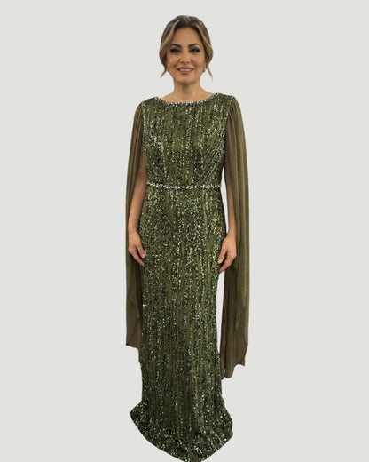 Langes Pailletten-Abendkleid mit Cape-Ärmeln&nbsp - E288