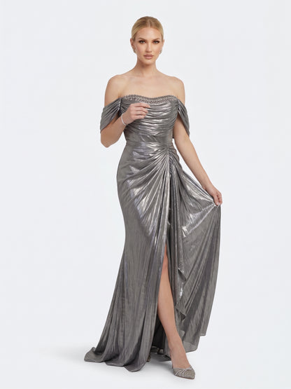Schulterfreies Chiffon-Abendkleid mit Strassverzierung in Champagner Beschreibung: e417