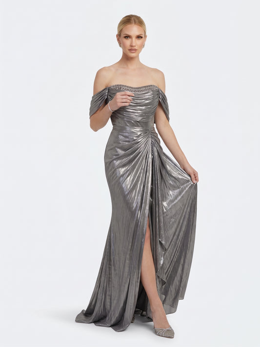 Schulterfreies Chiffon-Abendkleid mit Strassverzierung in Champagner Beschreibung: e417