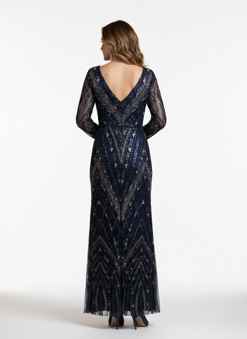 Langes Abendkleid mit V-Ausschnitt und Glitzerstickerei  E357