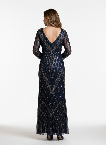 Langes Abendkleid mit V-Ausschnitt und Glitzerstickerei  E357