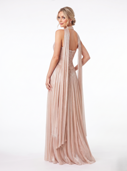 Elegantes trägerloses Plissee-Abendkleid mit Strassbesatz in Taupe Beschreibung: 402