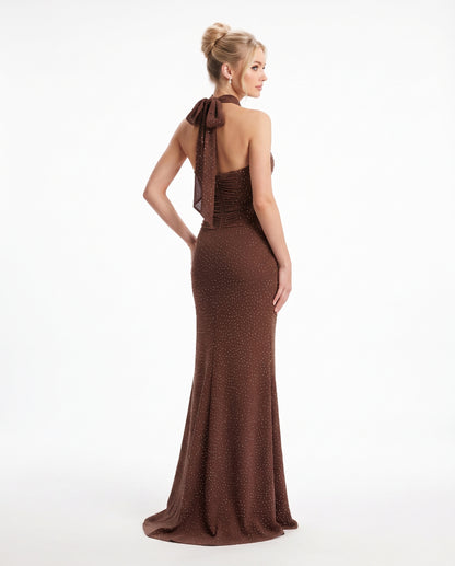 Elegantes Neckholder-Abendkleid mit Drapierung in Mintgrün Beschreibung: e410