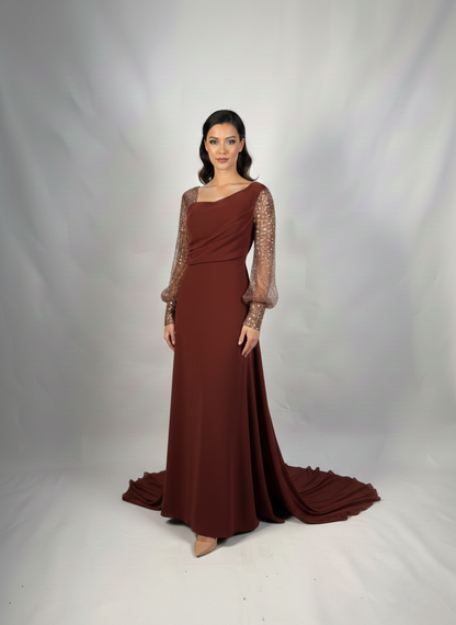 Langes Abendkleid mit One-Shoulder-Schnitt und Drapierung E358