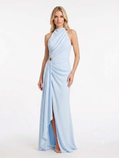 Chiffonabendkleid mit Drapierung und Stehkragen E384