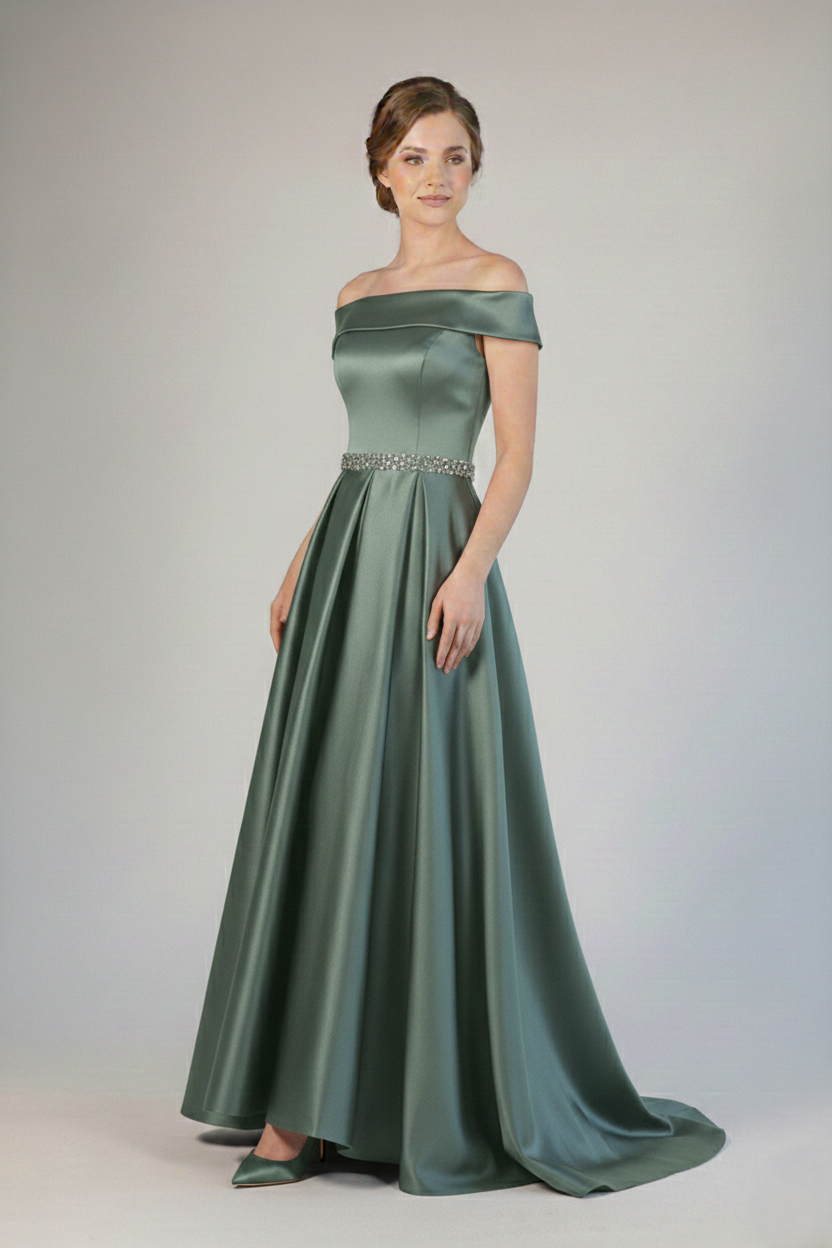 Langes Satin-Abendkleid mit Bootsausschnitt und Strassgürte E351