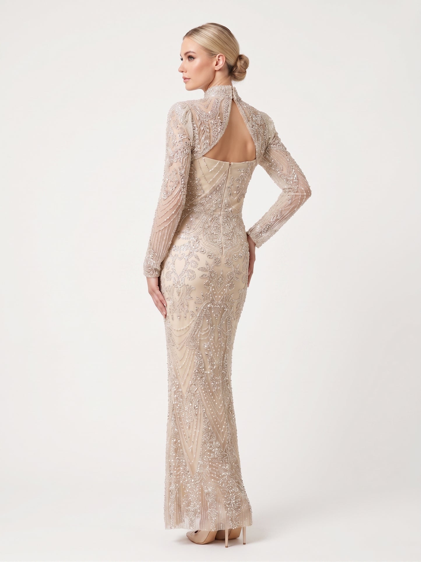 Langärmliges Meerjungfrauen-Abendkleid mit aufwendiger Steinverzierung Beschreibung: e406