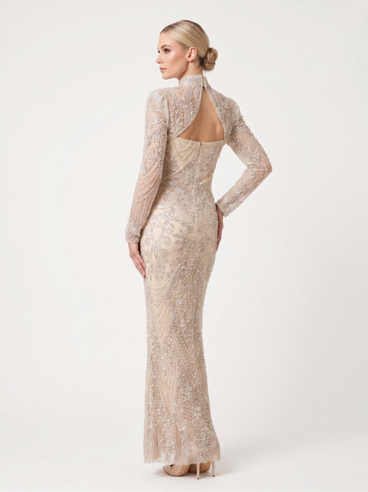 Langärmliges Meerjungfrauen-Abendkleid mit aufwendiger Steinverzierung Beschreibung: e406