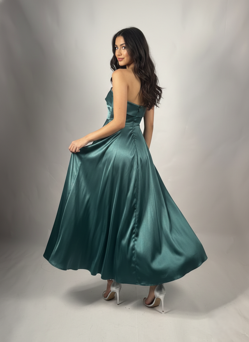 Trägerloses Satin-Midikleid E339