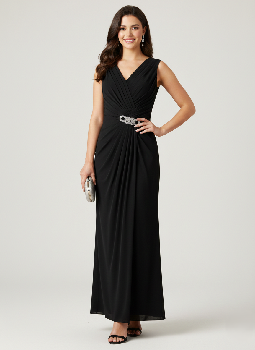 Dieses bodenlange Abendkleid besticht durch sein raffiniertes V-Design mit eleganter Raffung  E332