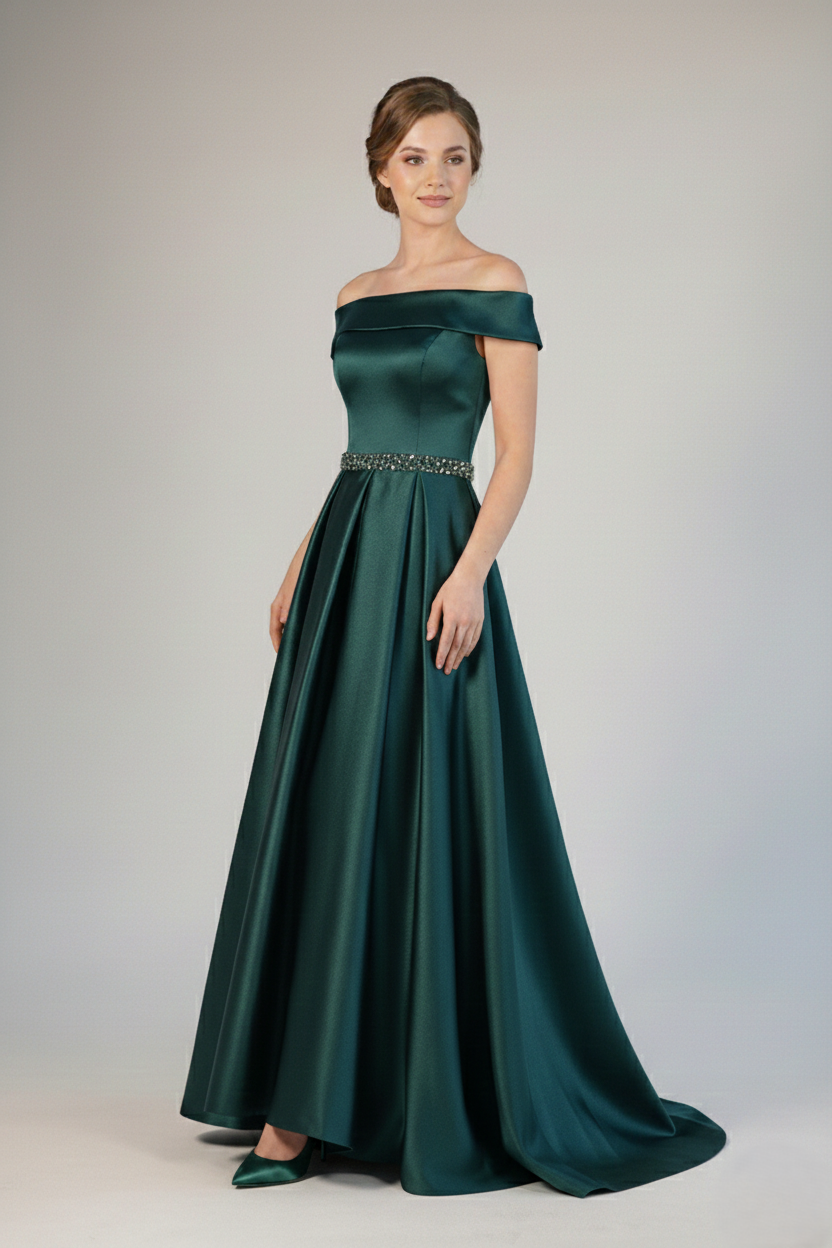 Langes Satin-Abendkleid mit Bootsausschnitt und Strassgürte E351