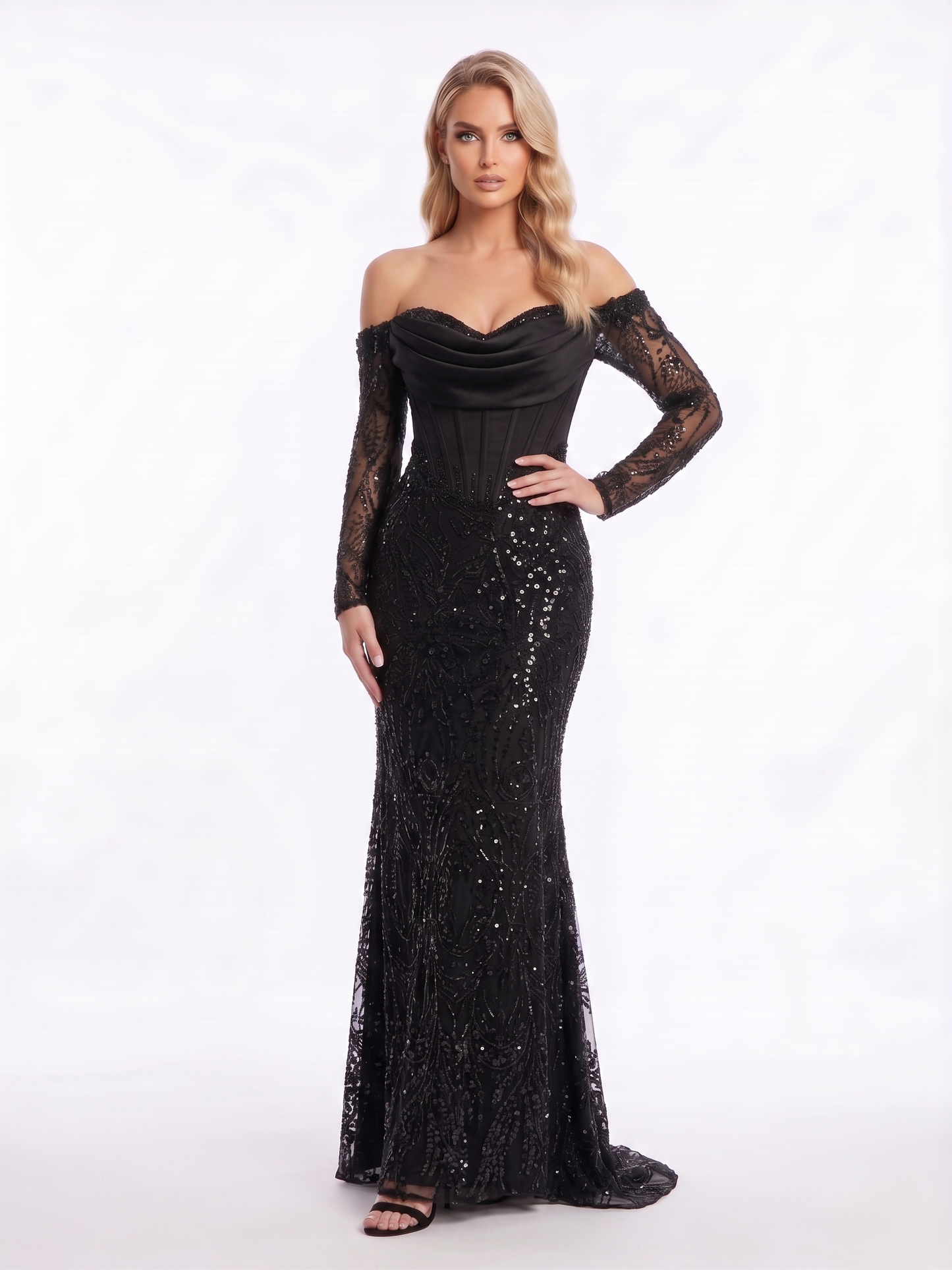 Elegantes Off-Shoulder Abendkleid mit Korsett und Pailletten Beschreibung: e400