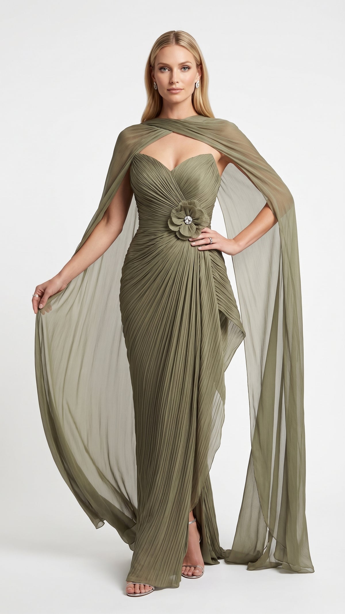 Elegantes Plissee-Abendkleid in Marineblau mit Umhang und Blumenapplikation Beschreibung:e413