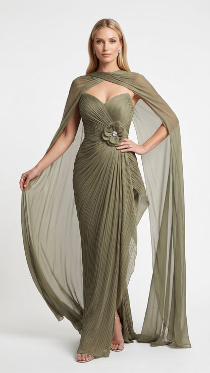 Elegantes Plissee-Abendkleid in Marineblau mit Umhang und Blumenapplikation Beschreibung:e413