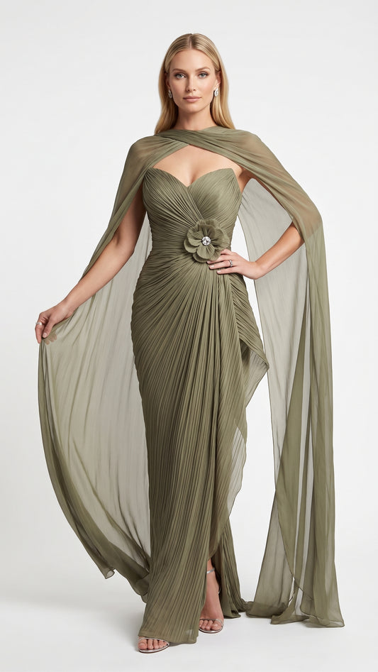 Elegantes Plissee-Abendkleid in Marineblau mit Umhang und Blumenapplikation Beschreibung:e413