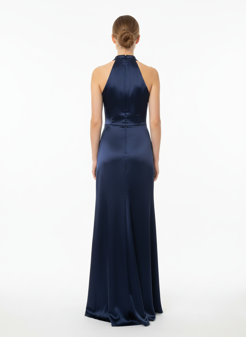 Halter-neck style attached floor-length caElegantes Neckholder-Abendkleid aus Satin mit Drapierung in Marineblau Beschreibung e e426