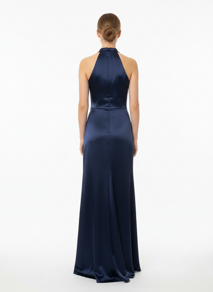 Halter-neck style attached floor-length caElegantes Neckholder-Abendkleid aus Satin mit Drapierung in Marineblau Beschreibung e e426