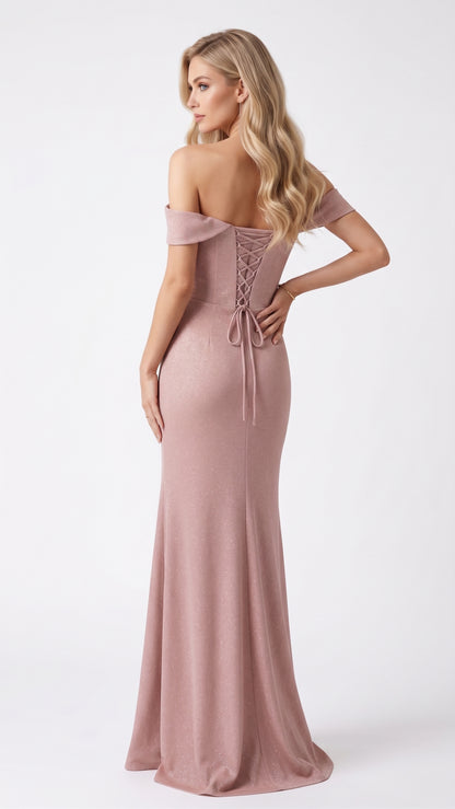Schulterfreies Korsett-Abendkleid mit Drapierung in Roségold Beschreibung: e408