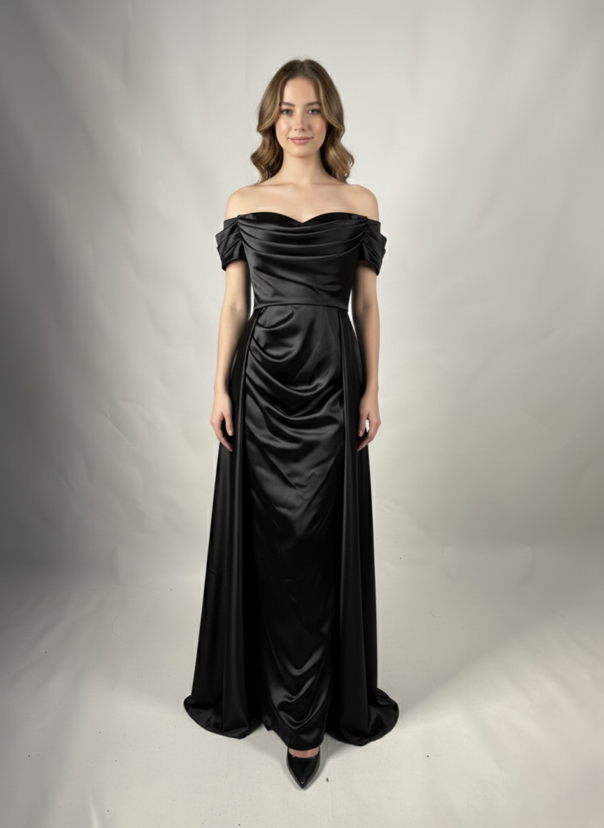 Langes Abendkleid mit U-Boot-Ausschnitt und Drapierung E370