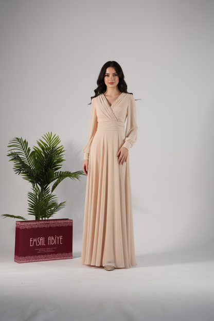 Chiffon-Abendkleid mit V-Ausschnitt und langen Ärmeln E348