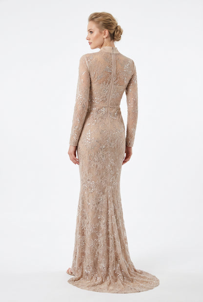 Langärmliges Spitzen-Abendkleid mit Raffung in Schokobraun Beschreibung: e405