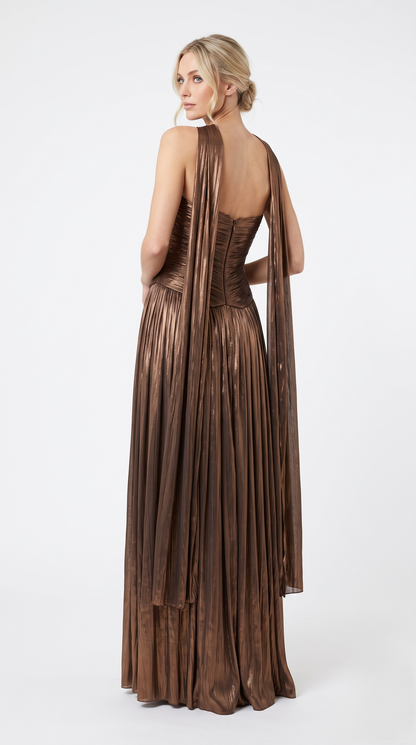Elegantes trägerloses Plissee-Abendkleid mit Strassbesatz in Taupe Beschreibung: 402