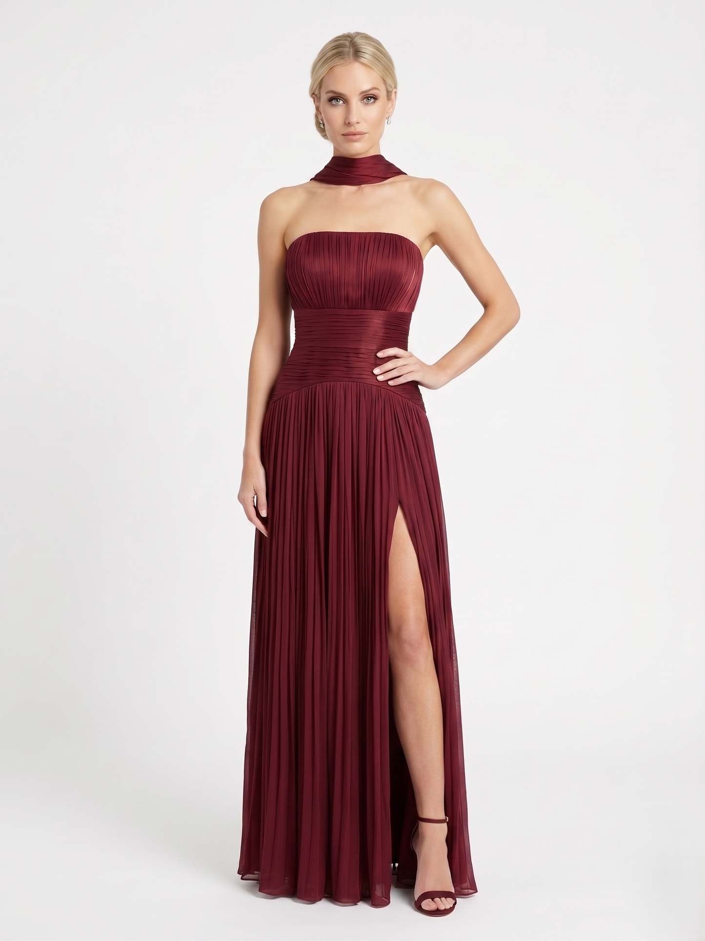 Elegantes trägerloses Plissee-Abendkleid in Rosé Beschreibung e397
