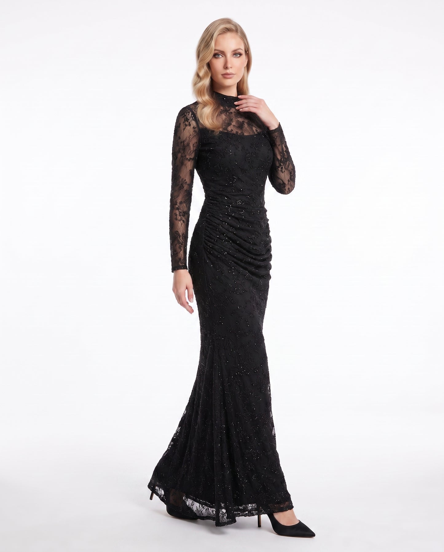 Langärmliges Spitzen-Abendkleid mit Raffung in Schokobraun Beschreibung: e405