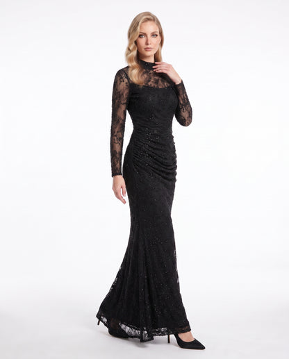 Langärmliges Spitzen-Abendkleid mit Raffung in Schokobraun Beschreibung: e405