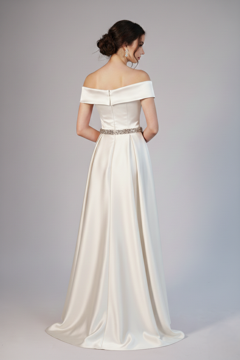 Langes Satin-Abendkleid mit Bootsausschnitt und Strassgürte E351