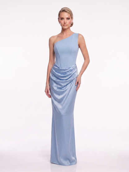 One-Shoulder Satinabendkleid mit Drapierung e387