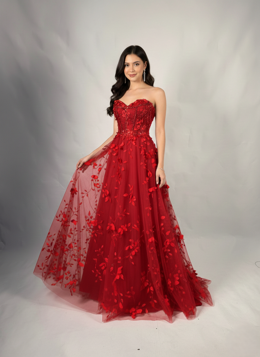 Trägerloses Tüll-Abendkleid mit 3D-Blüten - E304