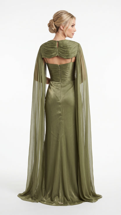 e:  Elegantes Chiffon-Abendkleid in Khakigrün mit Paillettenkragen und Cape-Ärmeln Beschreibung:  e422