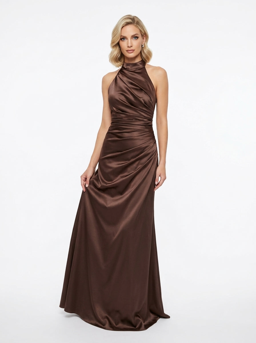 Halter-neck style attached floor-length caElegantes Neckholder-Abendkleid aus Satin mit Drapierung in Marineblau Beschreibung e e426