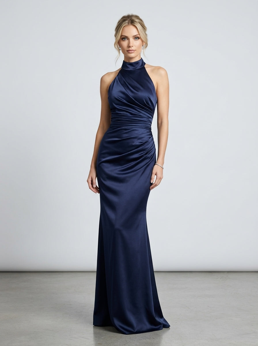 Halter-neck style attached floor-length caElegantes Neckholder-Abendkleid aus Satin mit Drapierung in Marineblau Beschreibung e e426
