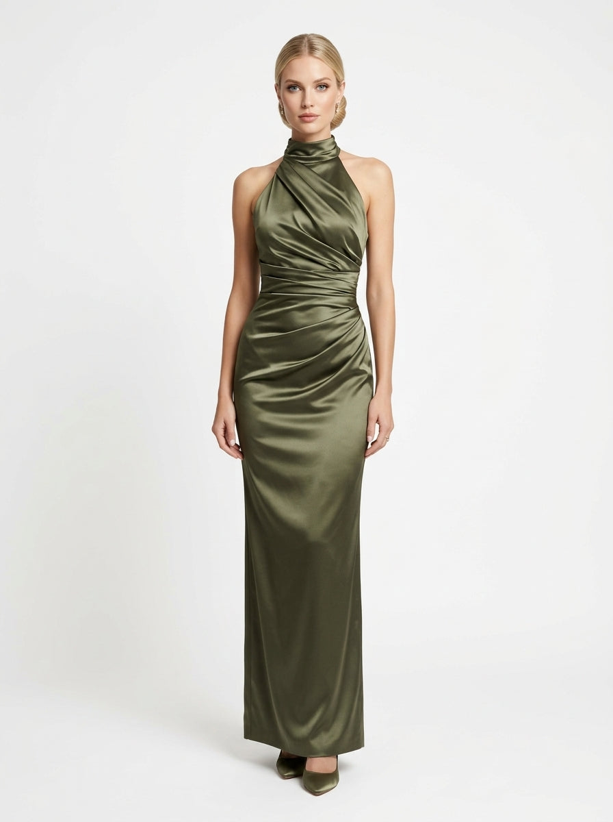 Halter-neck style attached floor-length caElegantes Neckholder-Abendkleid aus Satin mit Drapierung in Marineblau Beschreibung e e426