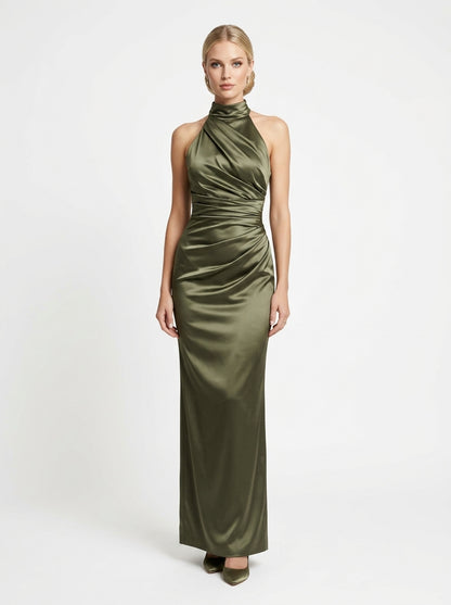 Halter-neck style attached floor-length caElegantes Neckholder-Abendkleid aus Satin mit Drapierung in Marineblau Beschreibung e e426