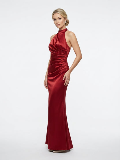 Halter-neck style attached floor-length caElegantes Neckholder-Abendkleid aus Satin mit Drapierung in Marineblau Beschreibung e e426