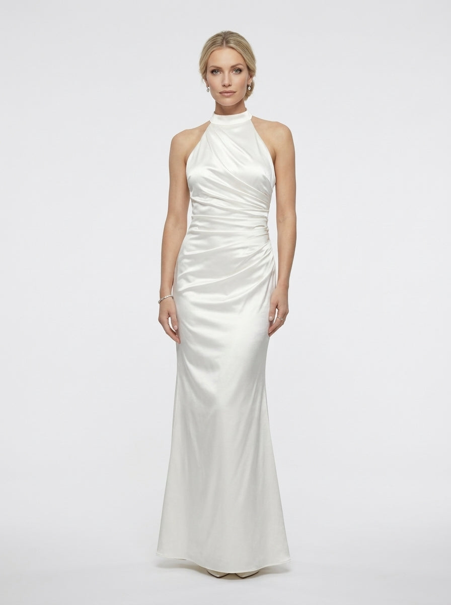 Halter-neck style attached floor-length caElegantes Neckholder-Abendkleid aus Satin mit Drapierung in Marineblau Beschreibung e e426