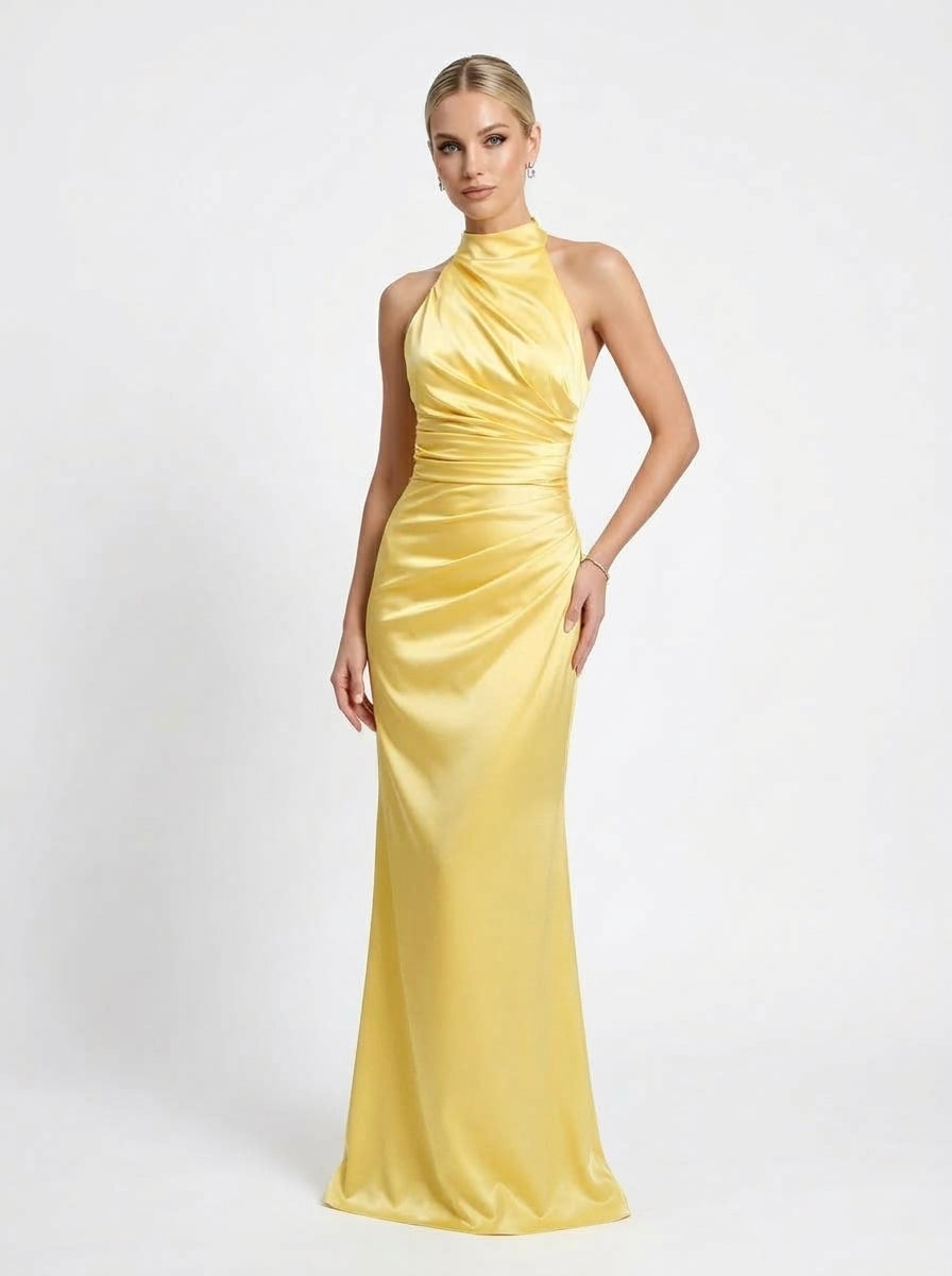 Halter-neck style attached floor-length caElegantes Neckholder-Abendkleid aus Satin mit Drapierung in Marineblau Beschreibung e e426