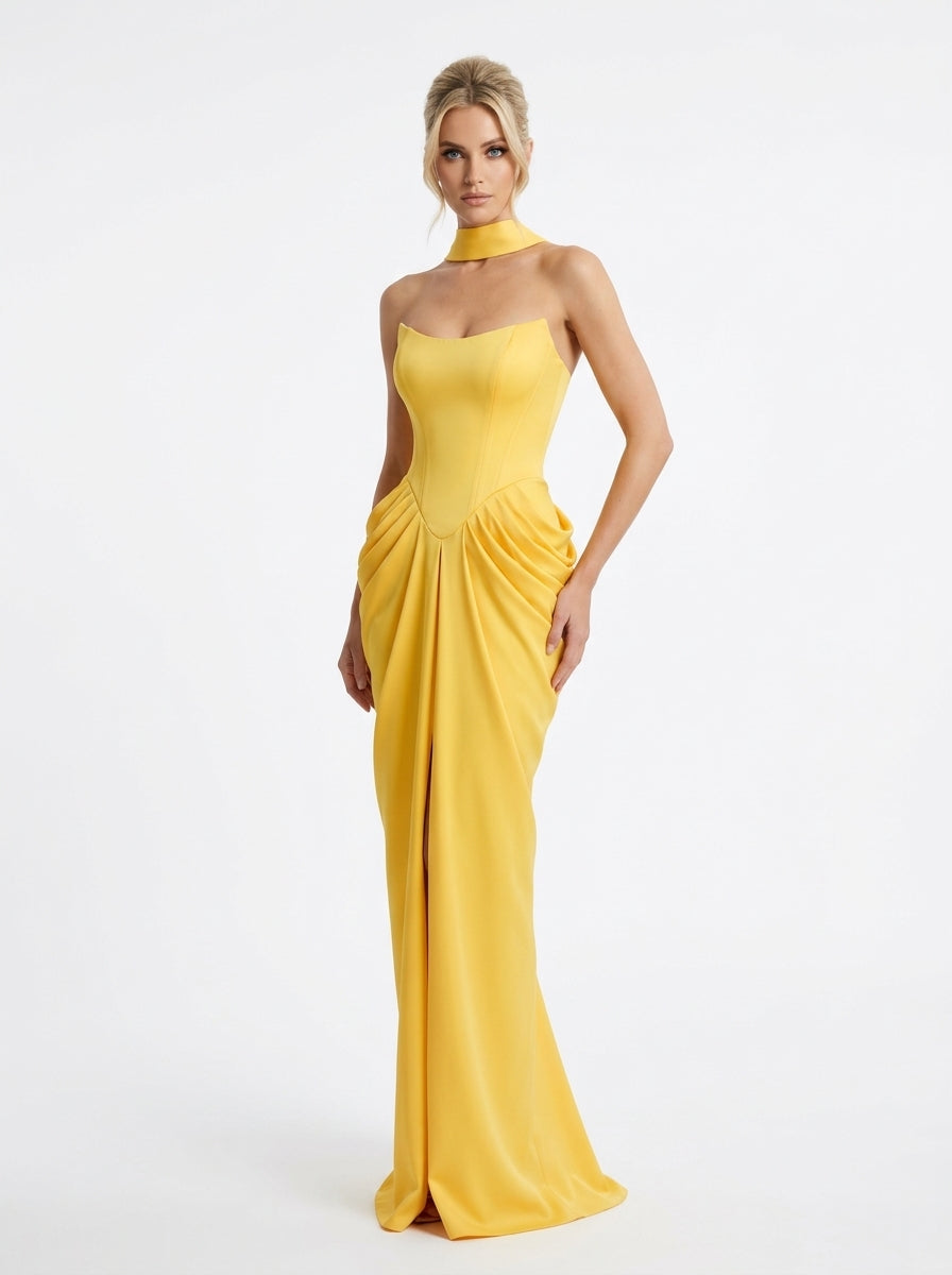 Artful, figure-hugging ruching and draping e429