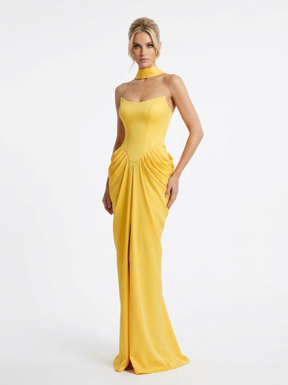 Artful, figure-hugging ruching and draping e429